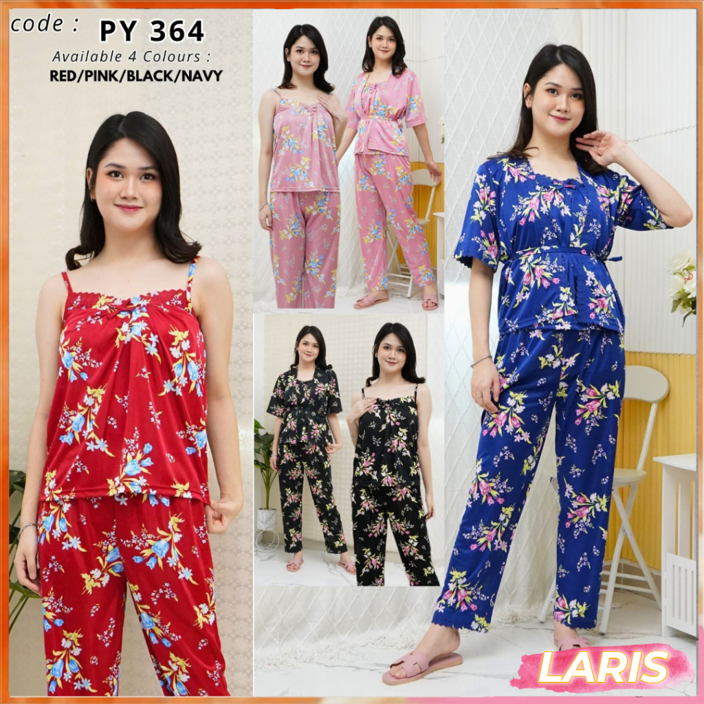 Laris - CP lingerie 2in1 Satin / setelan kimono lingerie 2in1 motif bunga celana panjang