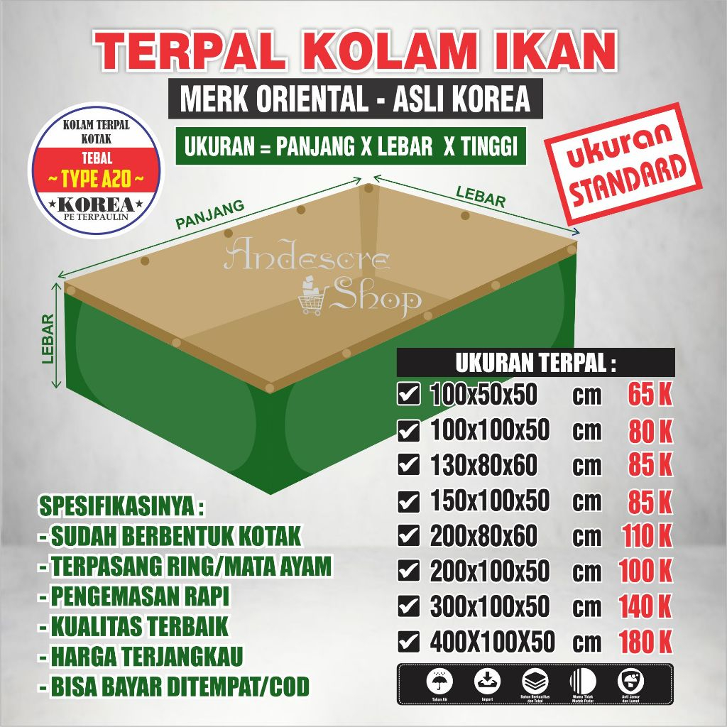 Kolam Terpal Ikan TAMBAK Type/Ketebalan A20 (UKURAN STANDAR) ASLI Korea Terpal Kolam Ikan Kotak Terp