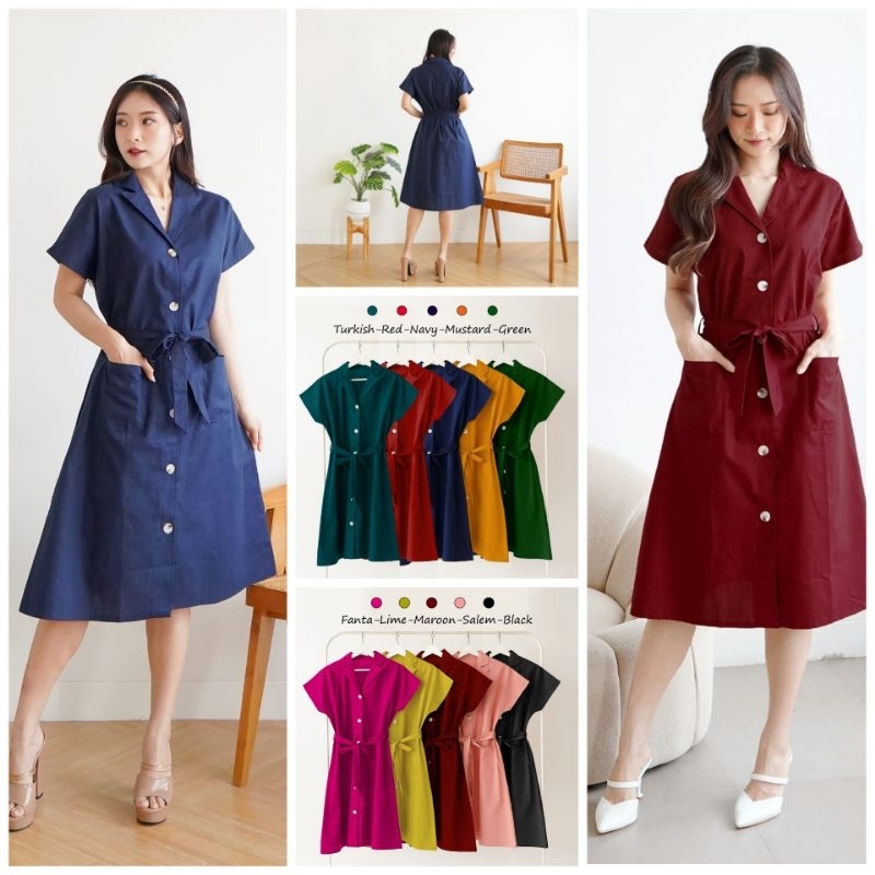 Rd94 dress wanita linen kerah lengan pendek / dress katun warna warni / dress merah hijau kuning bir