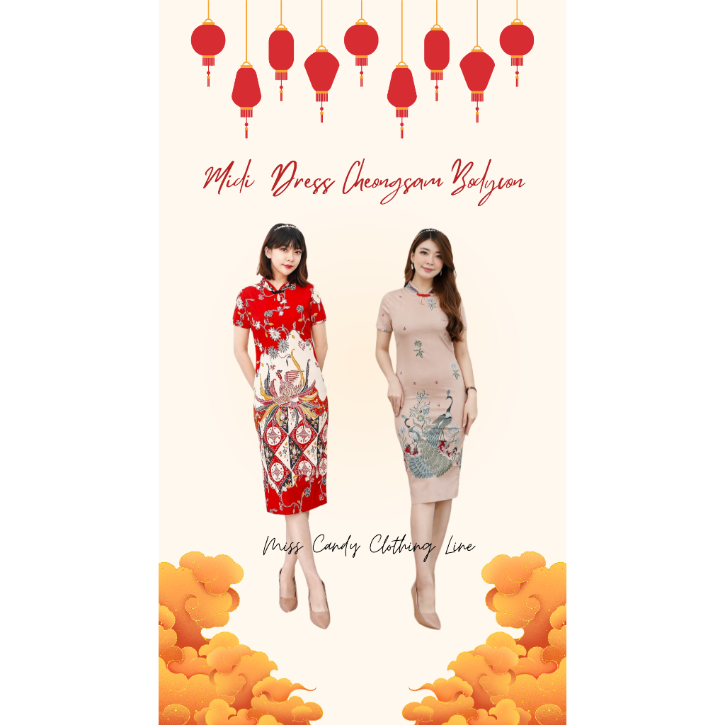 Midi Dress Cheongsam Batik Imlek Sincia Bodycon Katun Stretch Lengan Pendek 133 CH VL SV