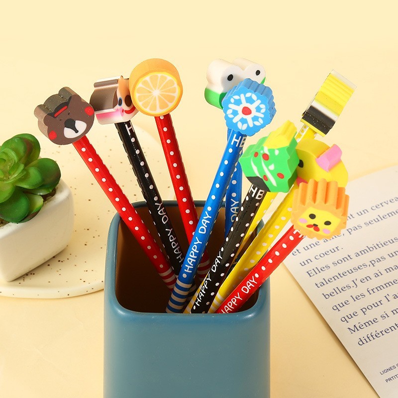 

Pensil + Penghapus Set 3D Motif Garis Polkadot Karakter Fancy Pencil Eraser Alat Tulis Gambar
