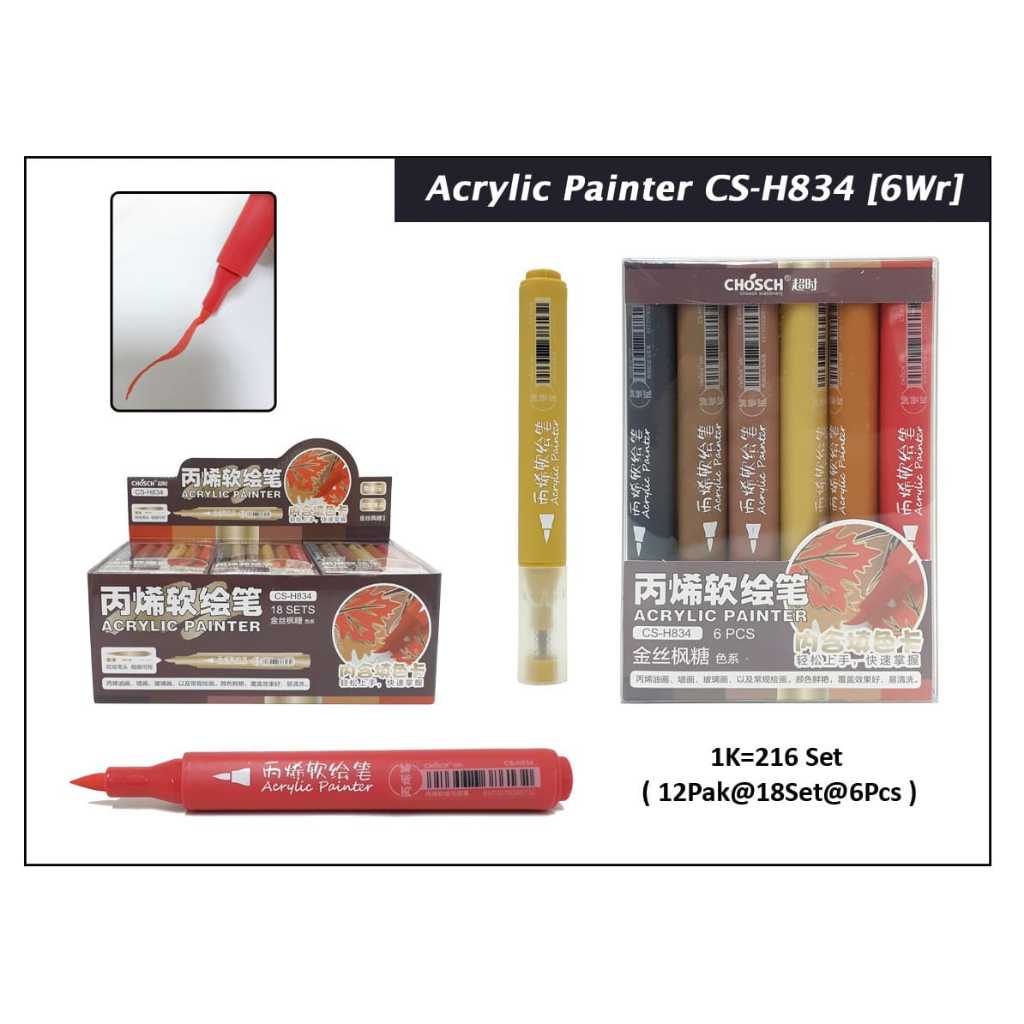 

akrilik acrylic painter MARKER set isi 6 brush tip permanen semua permukaan chosch ada 5 seri lettering japan kanji color permanent