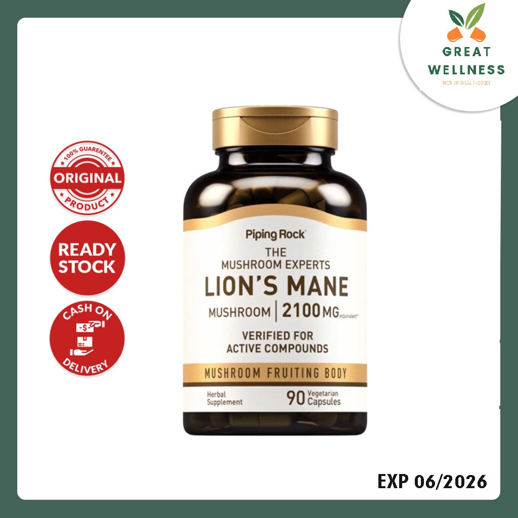 (BISA COD) Piping Rock Lion's Mane 2100 mg 90 Capsules Brain Otak Stress Relief
