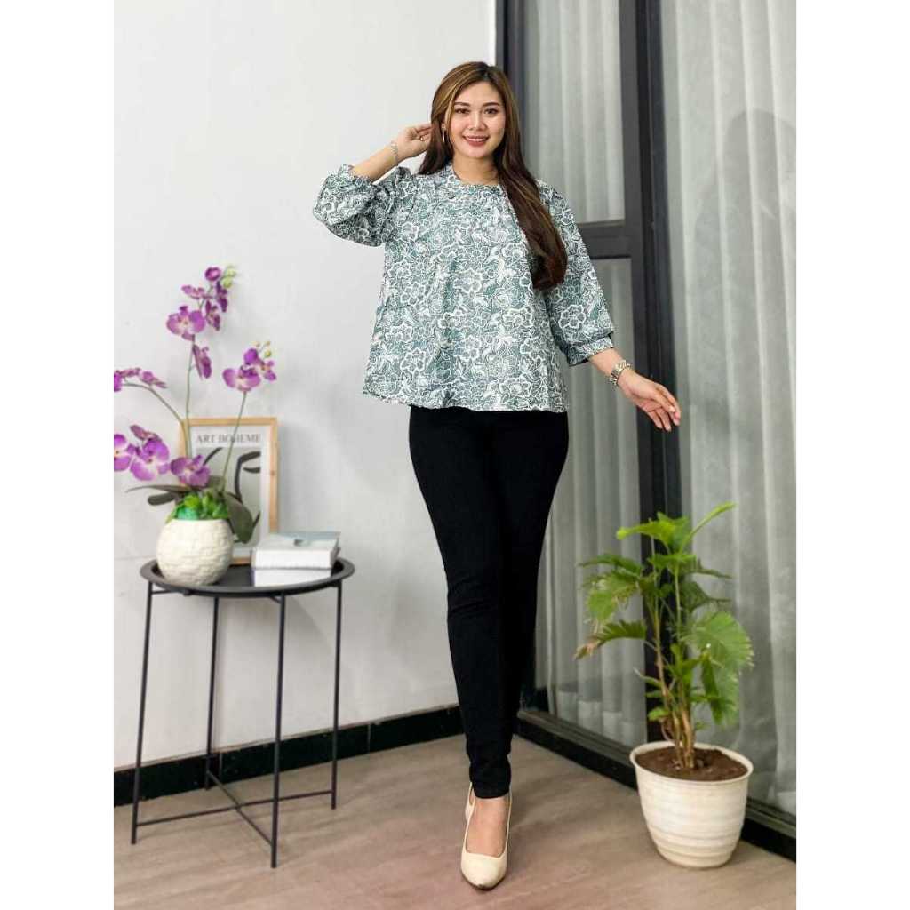 blus batik lengan balon rayon kekinian tirozumma Baju Batik Atasan Wanita Blouse Lengan Panjang