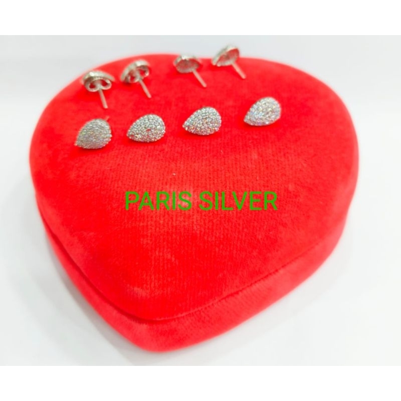 anting giwang perak asli silver 925.dilapis emas putih anti karat. model tusuk tetes air permata ful