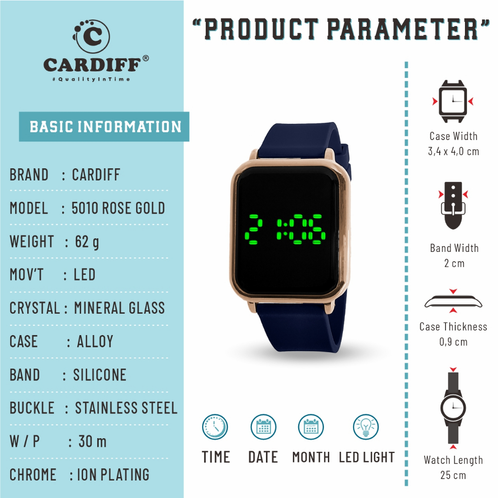 WTT CARDIFF Jam tangan LED sport pria wanita waterproof 5010 Rose Gold Rubber Silicon Karet