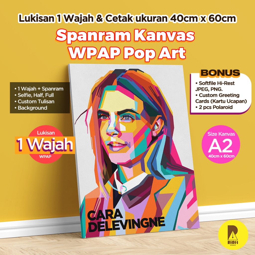 Lukisan Wajah WPAP Pop Art 1 Wajah + Cetak Kanvas Spanram 40×60/16R | Custom Hiasan Dinding/Sketsa W