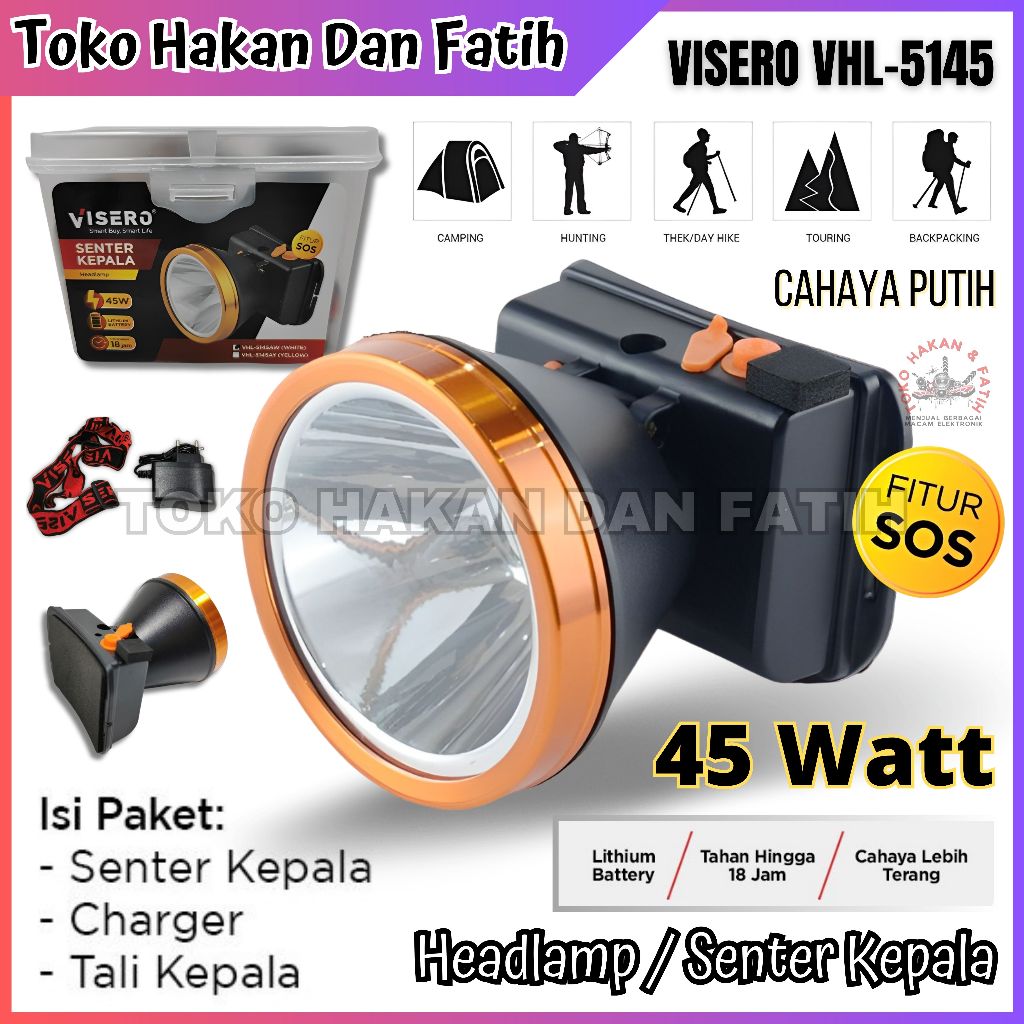 Senter kepala 45w cahaya putih VISERO VHL-5145 45w head lamp headlamp | SENTER KEPALA CAS VISERO 45W