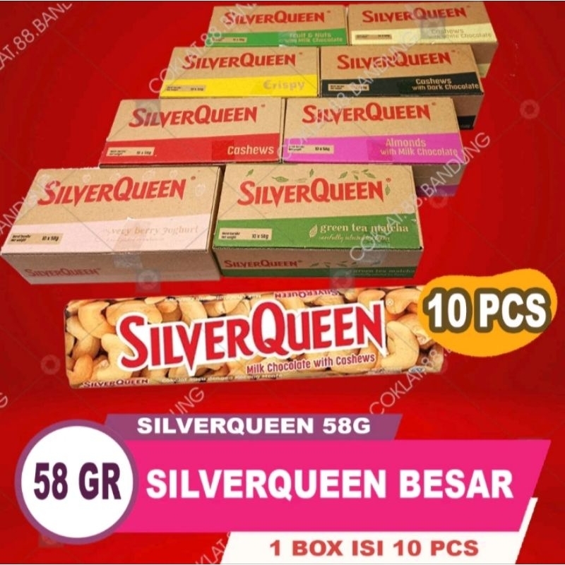 

SILVERQUEEN BESAR 58 GR 1 BOX ISI 10 PCS RASA CASHEW, RASA ALMOND