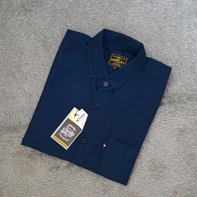 Kemeja Polos Pria biru navy Lengan Pendek Bahan Katun Poplin Slimfit Hurley