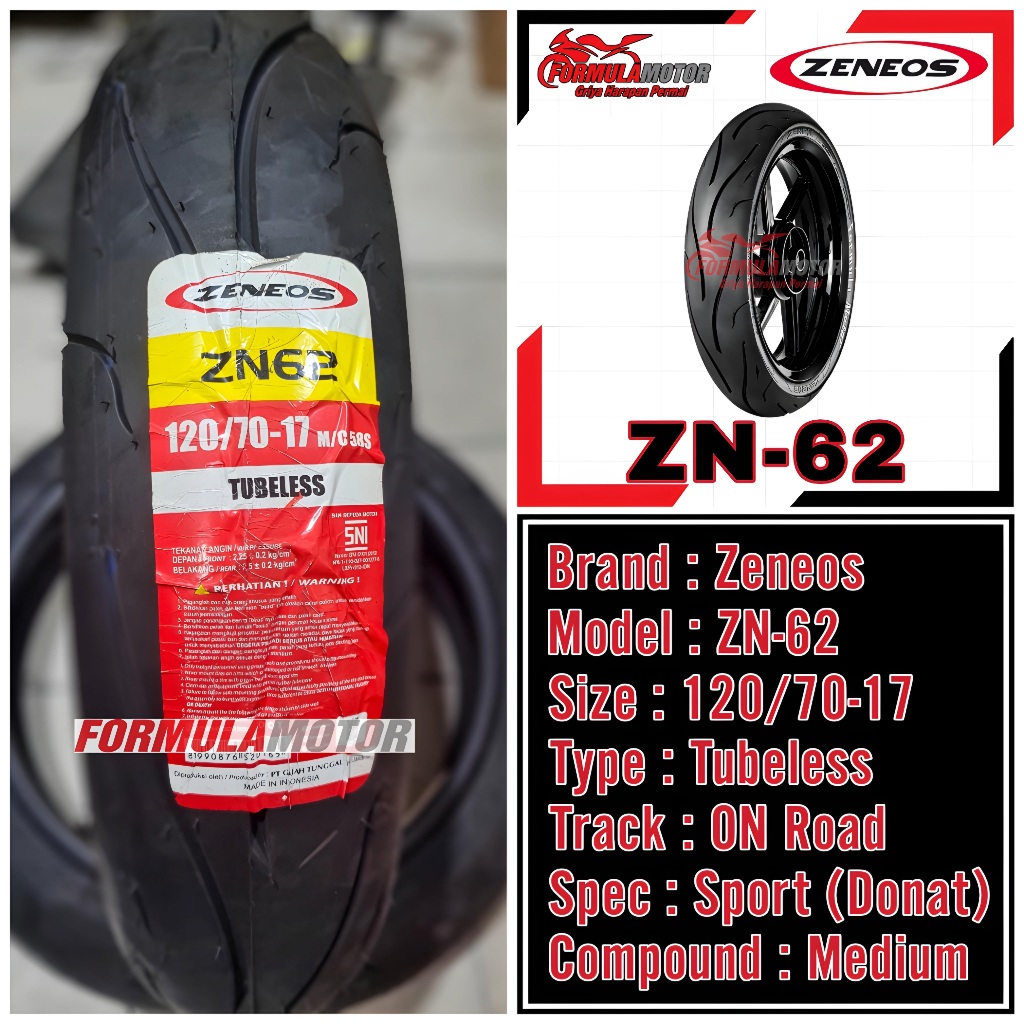120/70-17 Zeneos ZN-62 ZN62 Ring 17 Tubeless (Profil Donat) Ban Belakang Motor Vixion NVL, MX-King, Supra GTR, Byson, Tracker Tubles