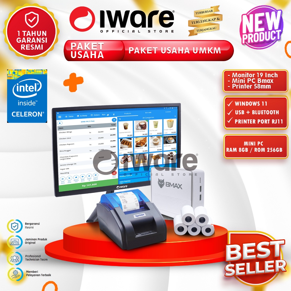 Iware Paket Usaha Cafe Resto PC Mini Kasir Windows 11 Monitor Printer Celeron 8/256GB