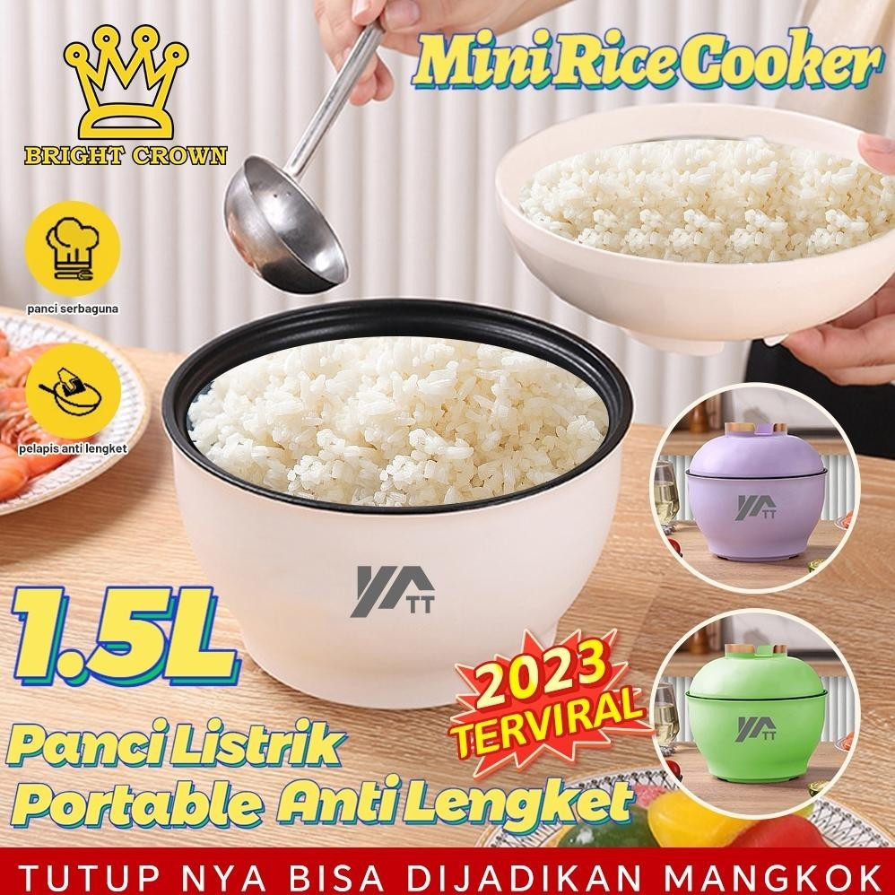 Bright Crown Panci Listrik Portable 1.5L / Rice Cooker Mini Bentuk Mangkok Lapisan Keramik Anti Leng