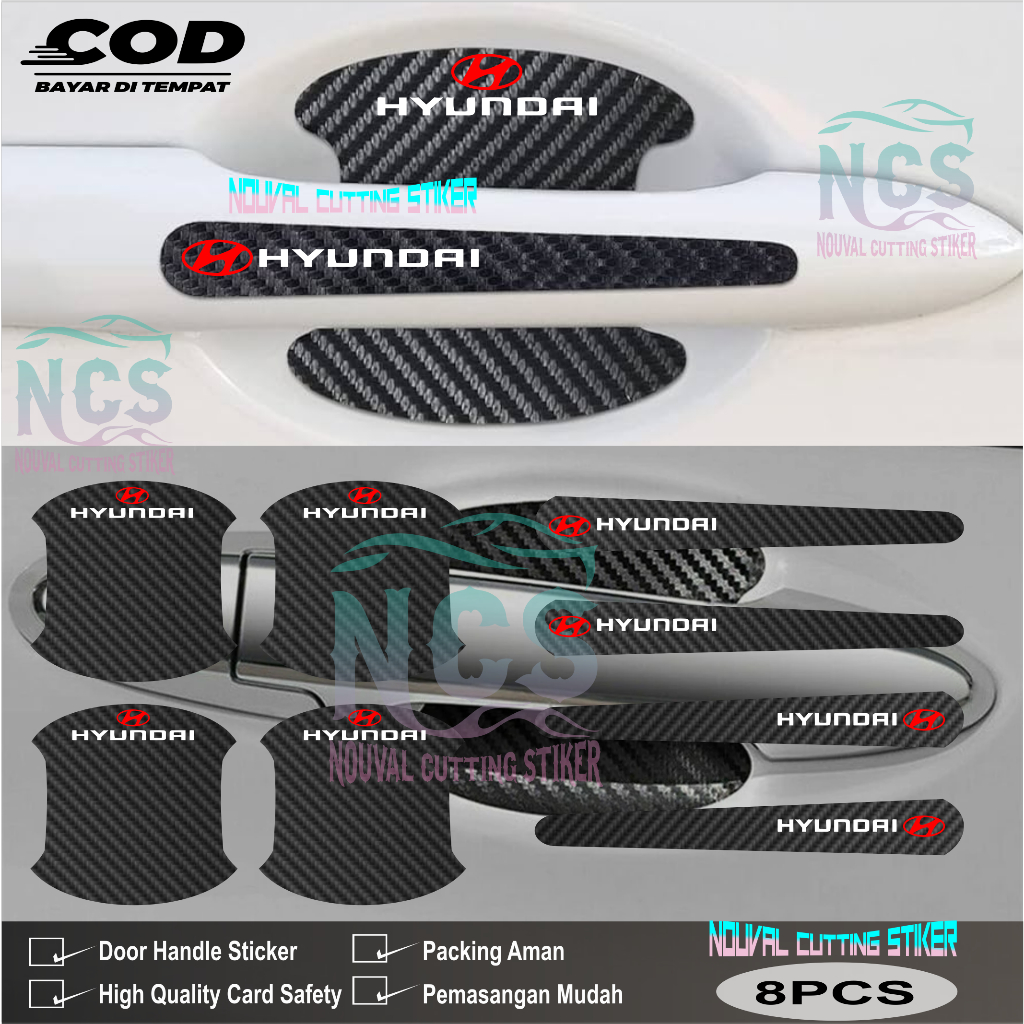 8 PCS Sticker Carbon 3D Pelindung Gagang Pintu Mobil Hyundai Sticker Carbon Pengaman Handle Pintu Mo