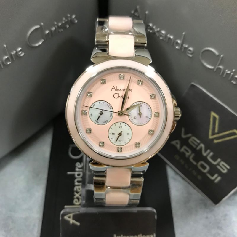 Jam Alexandre Christie AC 2B02 BF BSS Wanita Rantai Silver Bulat Keramik Pink