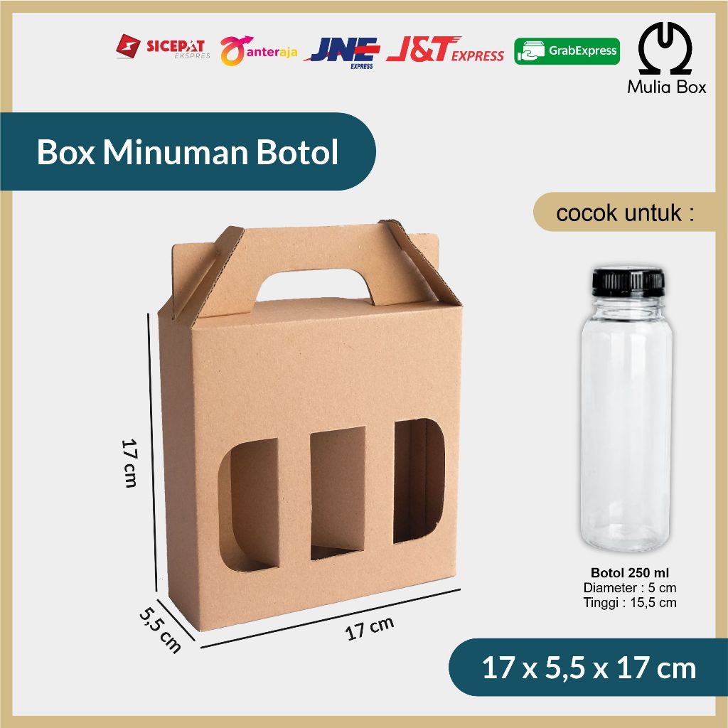 

Kardus Packing Jinjing / Gable Box 17 x 5,5 x 17 cm 3 Botol Kale 250ml Minuman Kopi Juice Hampers