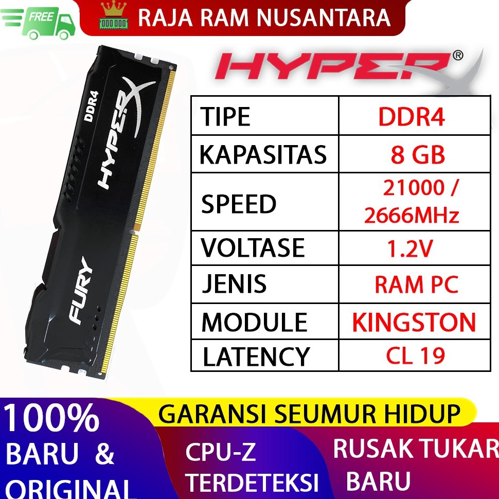 ART I55G RAM KINGSTON HYPERX FURY DDR4 8GB 2666MHz 213 GAMING RAM PC DDR4 8GB GAMING