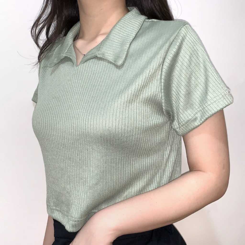 Alexa Kaos Polo Crop Top Knit Top Premium kerah V neck