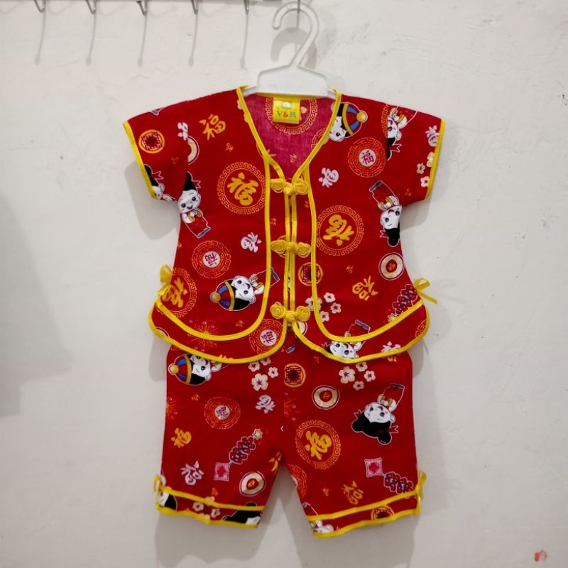 Setelan Baju Cina Celana Pendek Pita Anak Perempuan