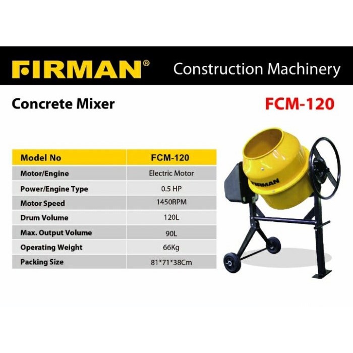 Mesin Molen Mini Listrik FIRMAN FCM120 / Pengaduk Semen 120L Firman / Concrete Mixer Dinamo FIRMAN F