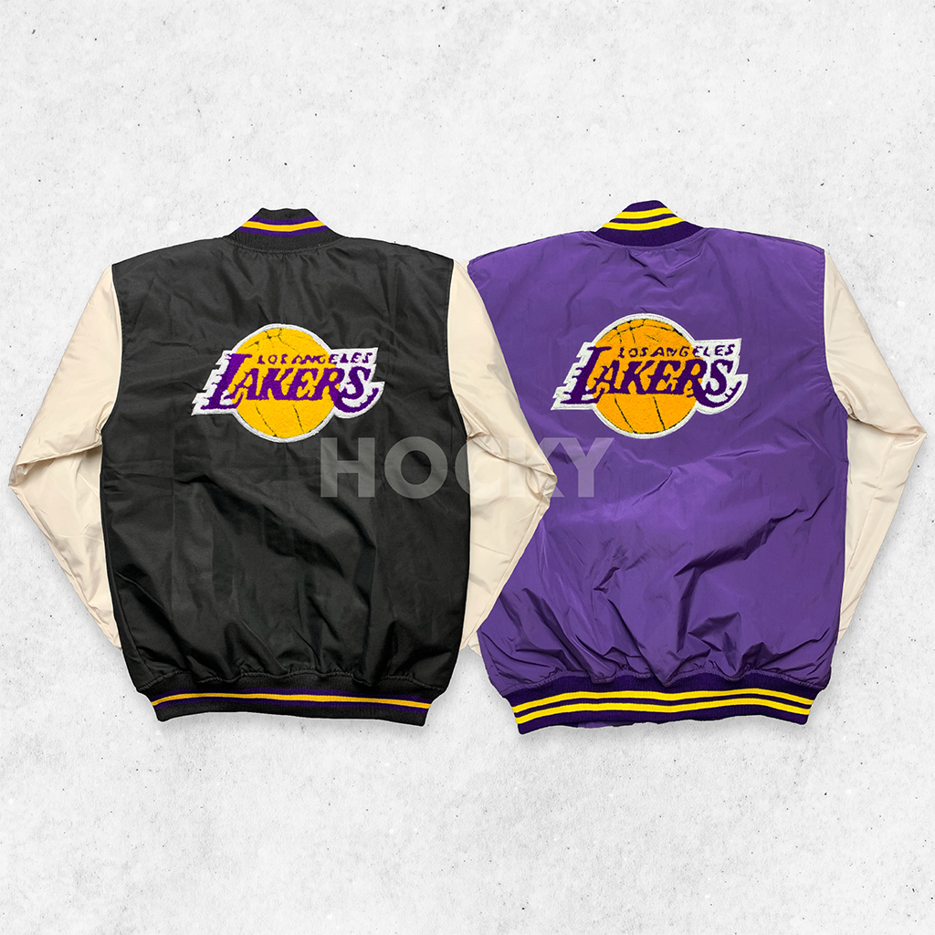 PROMO HOCKY VARSITY LOS ANGELES LAKER'S PURPLE CREAM BOMBER JACKET CASUAL VINTAGE FULL EMBROIDERY