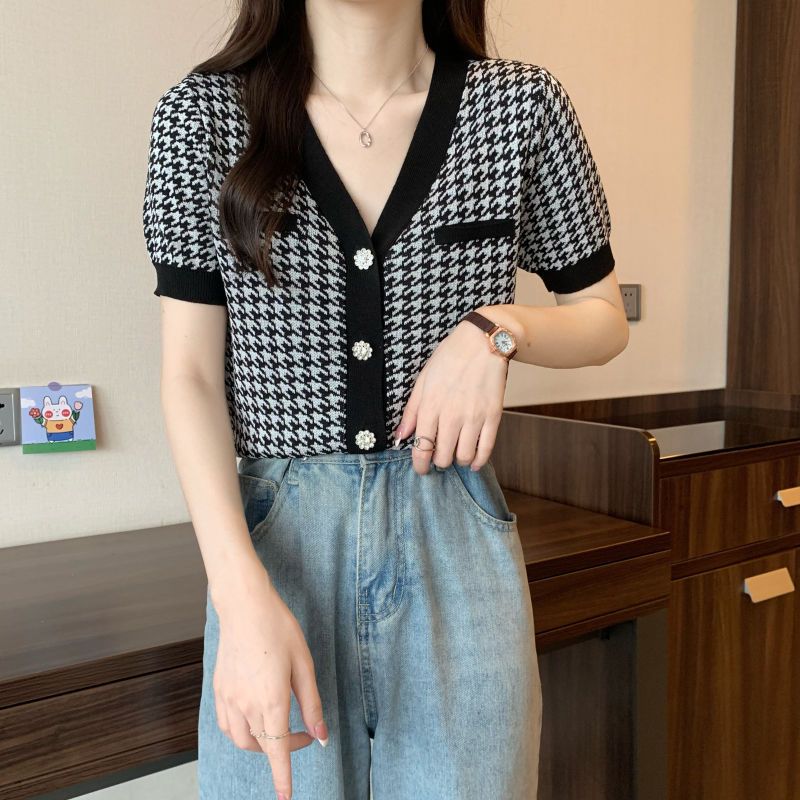 [TTEUDA] Atasan Korea Lucu Houndstooth Lengan Pendek | Cardigan Lengan Pendek Houndstooth Knit Impor