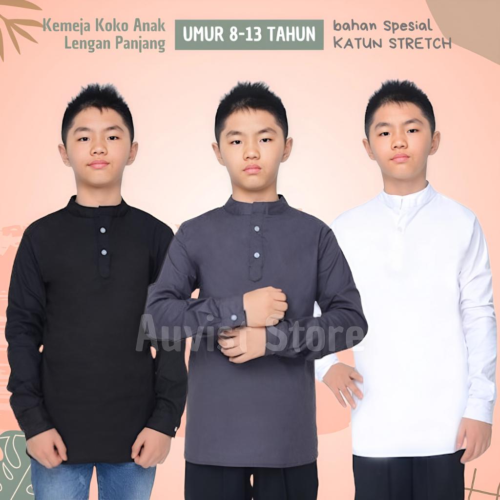 Baju Koko Anak Laki Laki Lengan Panjang Polos Umur 8 9 10 11 12 13 Tahun Bahan Katun Stretch Simpel 