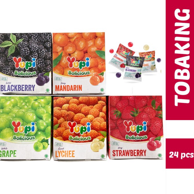 

Maxi Promo YUPI Bolicious Box isi 24 Leci Strawberry Blackberry Mandarin Grape