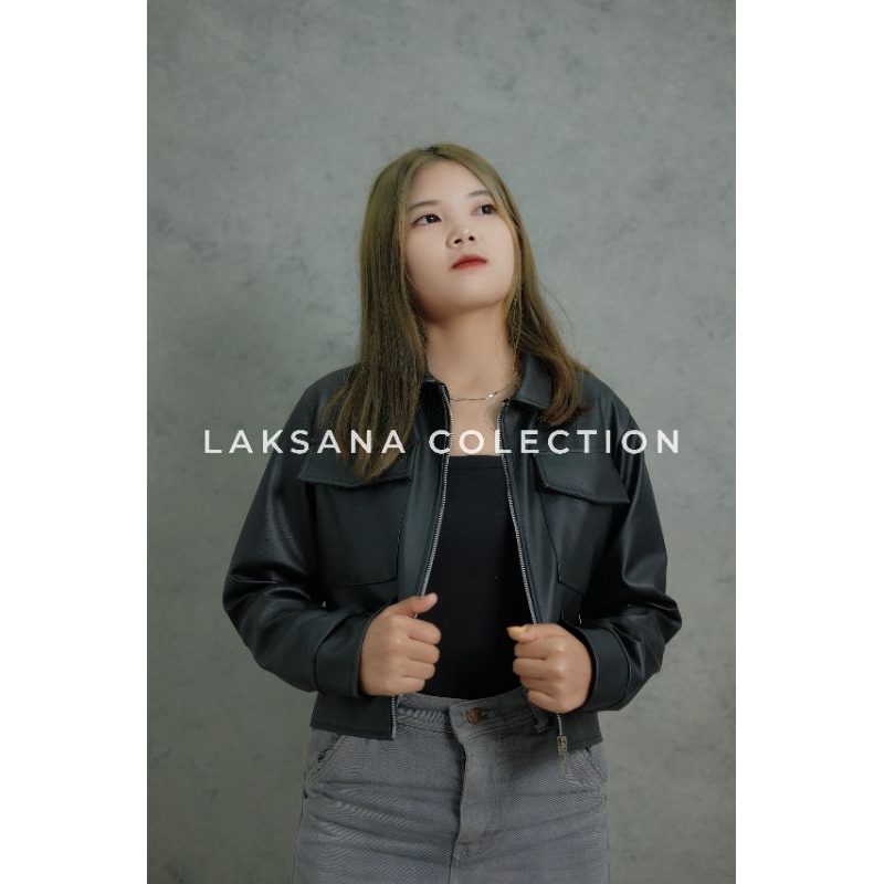 jaket kulit wanita crop style Korea