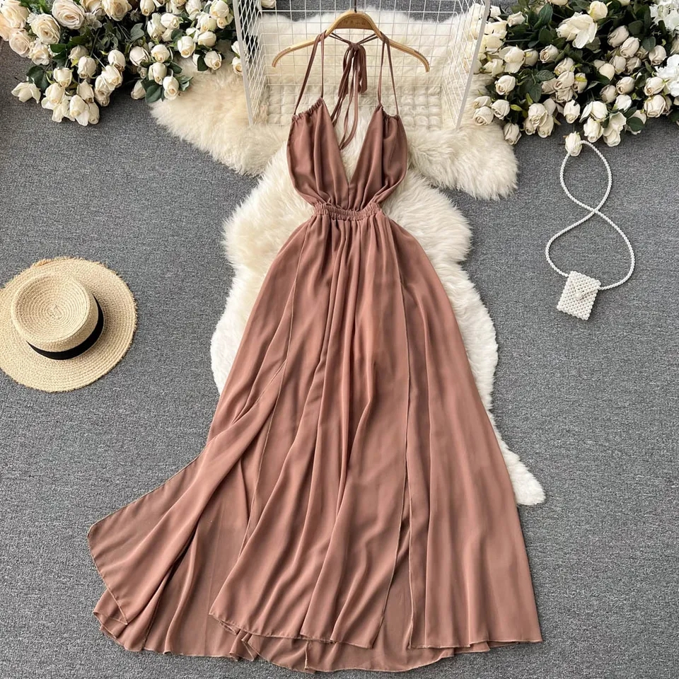 maxi party dress wanita fairy backless pantai summer dress halter neck tali leher bahan sifon ceruty