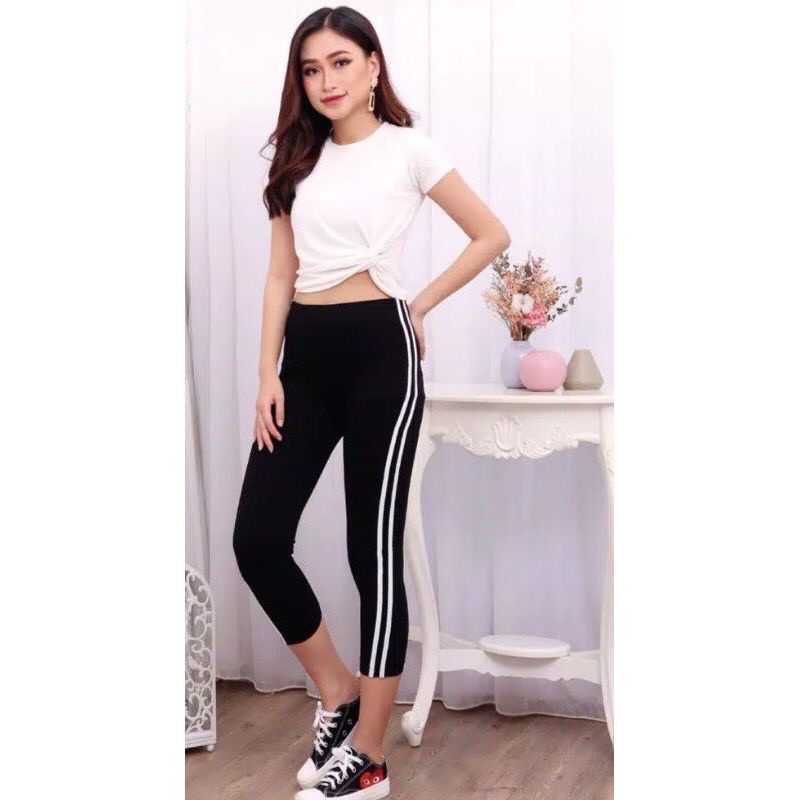 TYN legging hhwaist import list garis putih / leging list 2 garis / celana lejing wanita