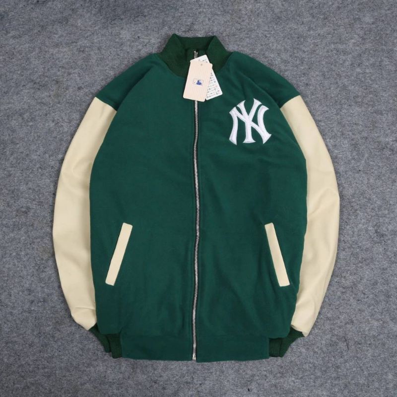 Jaket Varsity Baseball New York Yankees Hijau Cream Premium Fulltag & Label