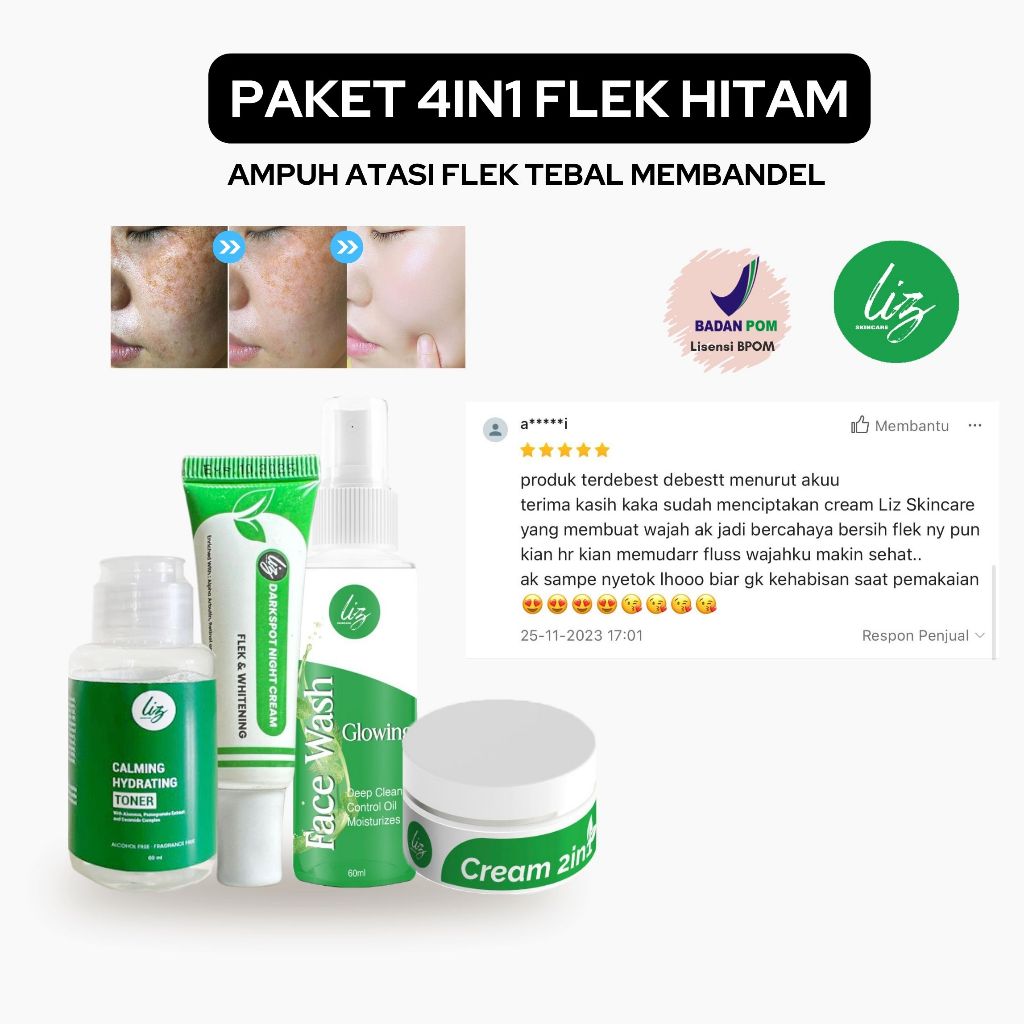 BPOM Paket 4in1 Elzet Skincare Sabun Cream Siang Salep Malam Whitening Toner Exfoliating Pemutih Waj