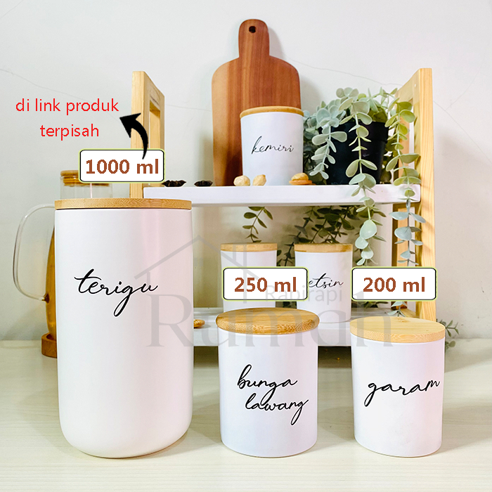 Tempat Toples Bumbu Dapur Bahan Kaca Putih tutup Kayu 200 dan 250 ml
