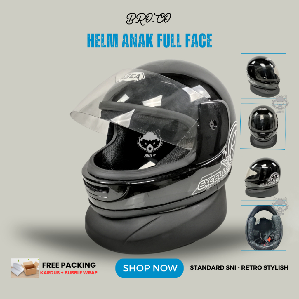 HELM FULL FACE ANAK ANAK KLASIK JUNIOR PREMIUM STANDARD SNI BLACK HITAM GLOSSY BROKIDS BRO.CO UNTUK 