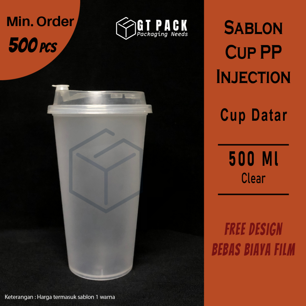 Sablon Cup Plastik PP Injection Datar 500 ML (Frost) + Tutup