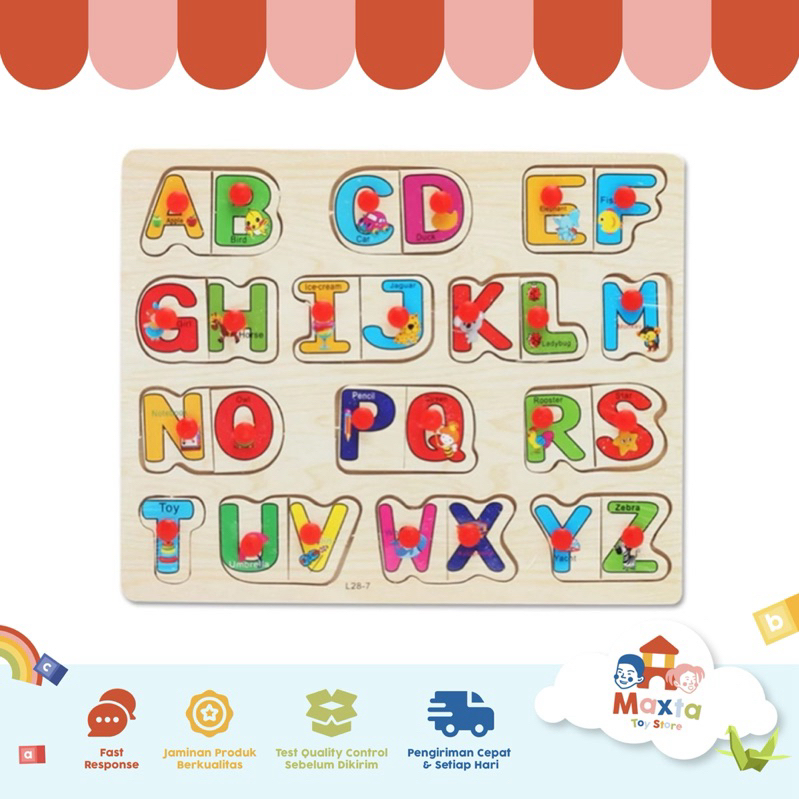 Mainan Puzzle Kayu Knob Huruf Besar
