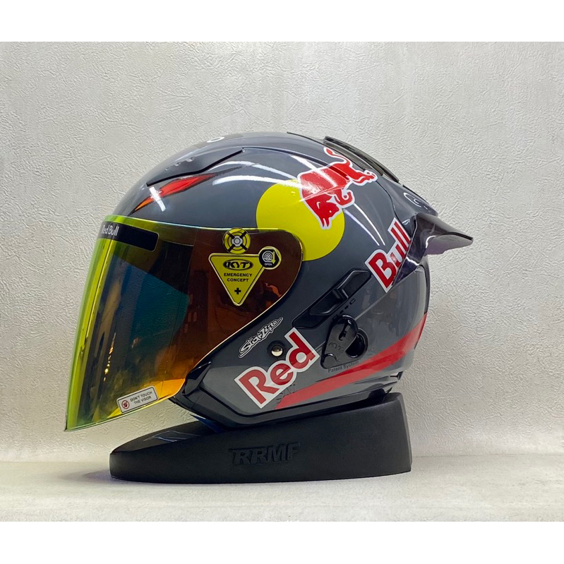 KYT Galaxy Flat R Solid Gorilla Grey Glossy || Paket Stiker Redbull Red - Visor Iridium - Helm Half 