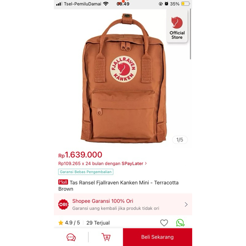 Tas Ransel Fjallraven Kanken Mini Terracotta Brown second mulus