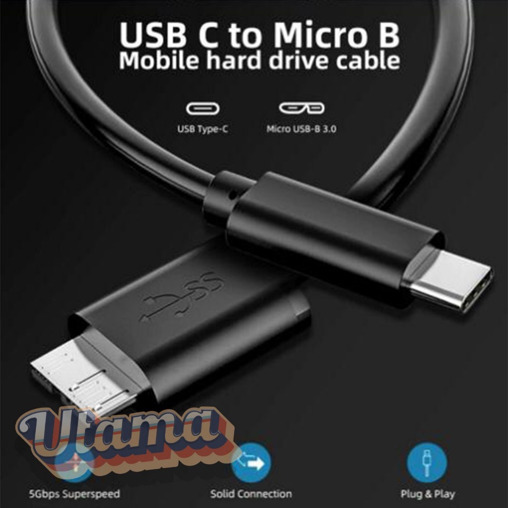 Kabel Type C to Micro-B 3.0 Mobile Hard Disk Drive Cable Eksternal 0.35M Laptop Smartphone Computer 