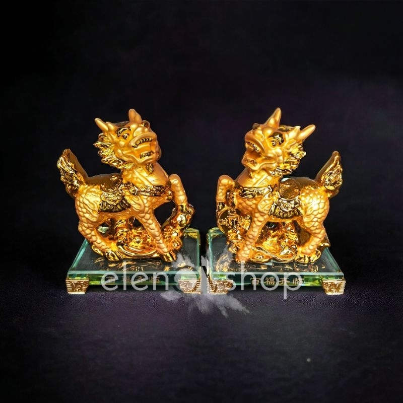 Patung Fengshui Sepasang Qi Lin Chi Lin Kei Loon Gold Hadiah Mewah