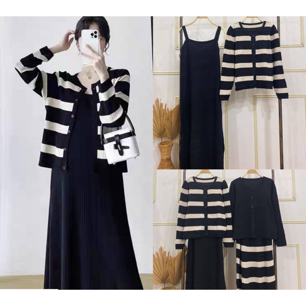 DRESS RAJUT 2IN1 INNER LONG DRESS YUKENGSI POLOS MIX OUTER CARDI STRIPE GARIS FULL KANCING DEPAN LEN