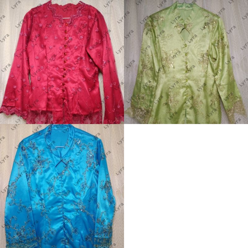 [Atasan Preloved] Dress Atasan Kebaya Brokat Payet Motif Batik Bunga Biru, Merah, Hijau Lengan Panja