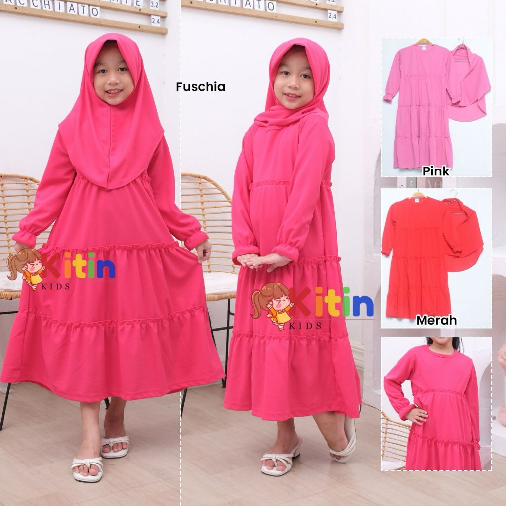 KITIN - GAMIS ANAK SET HIJAB 2-9 TAHUN POLOS REMPEL TIGA BAHAN RAYON LICIN TUNIK JILBAB LEBARAN