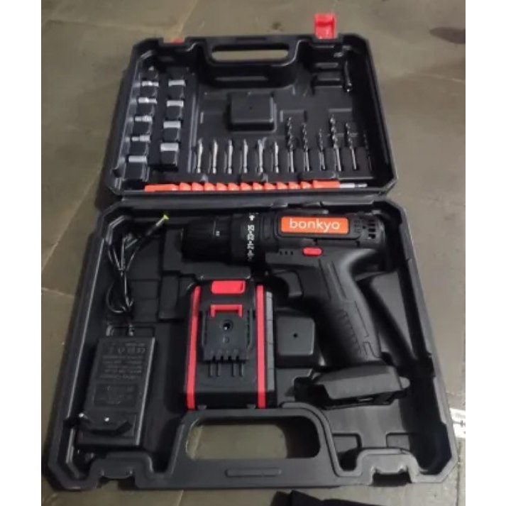 Bor cordless Bonkyo baterai Bor Mesin Elektrik Drill 10mm Set box