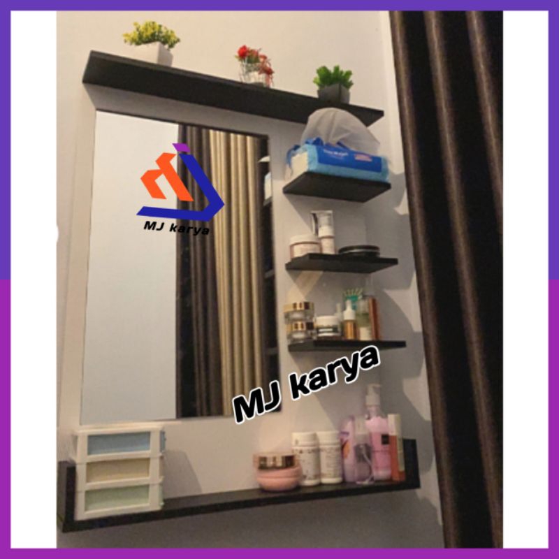 Cermin rias dan rak tempat kosmetik kayu tempel gantung dinding Astetik serbaguna
