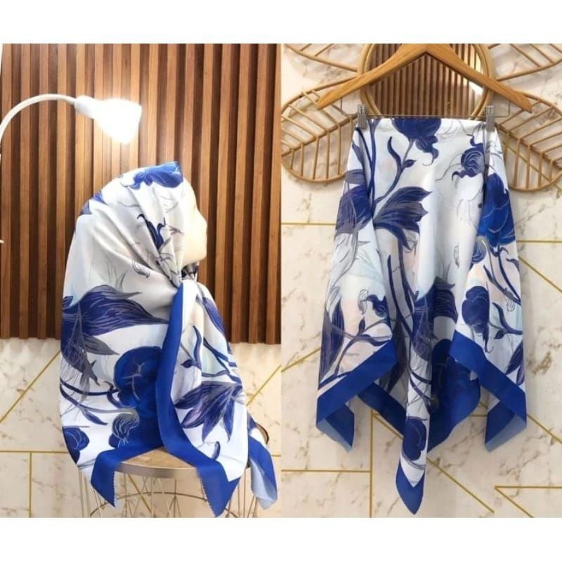 Sublime Kode 154 Kerudung Segi Empat Voal Motif Putih Biru Jilbab Hijab Terbaru