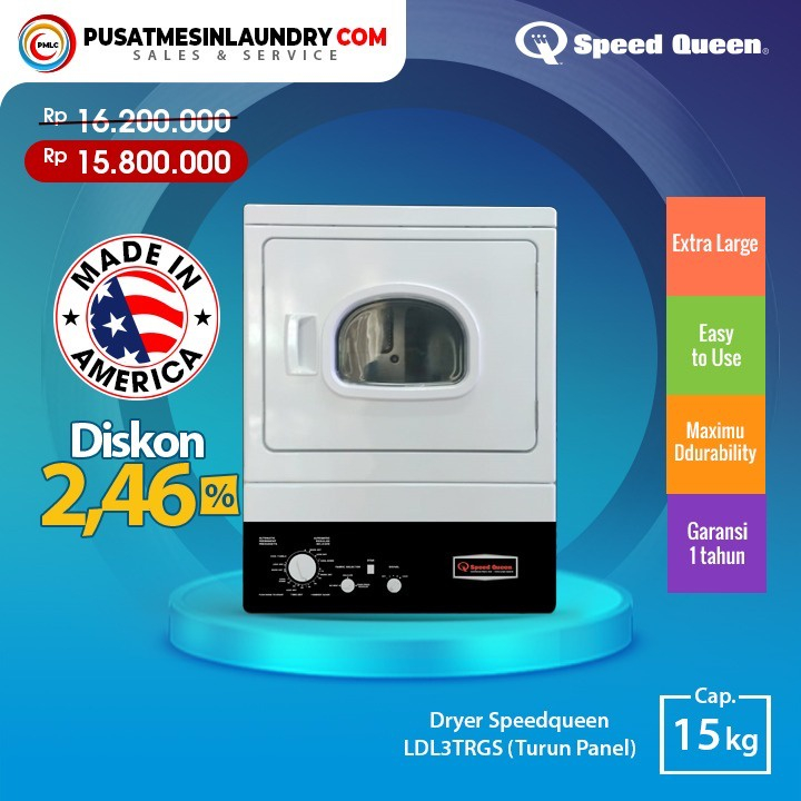 Speed Queen Mesin Pengering Gas 15kg Kaca Mini Turun Panel 3TRG