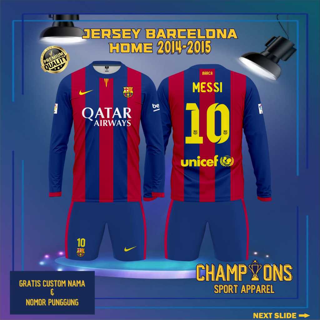 Jersey Klub BARCELONA HOME 2014-2015 Lengan Panjang Liga Champions UEFA, Jersey Retro Full Printing 