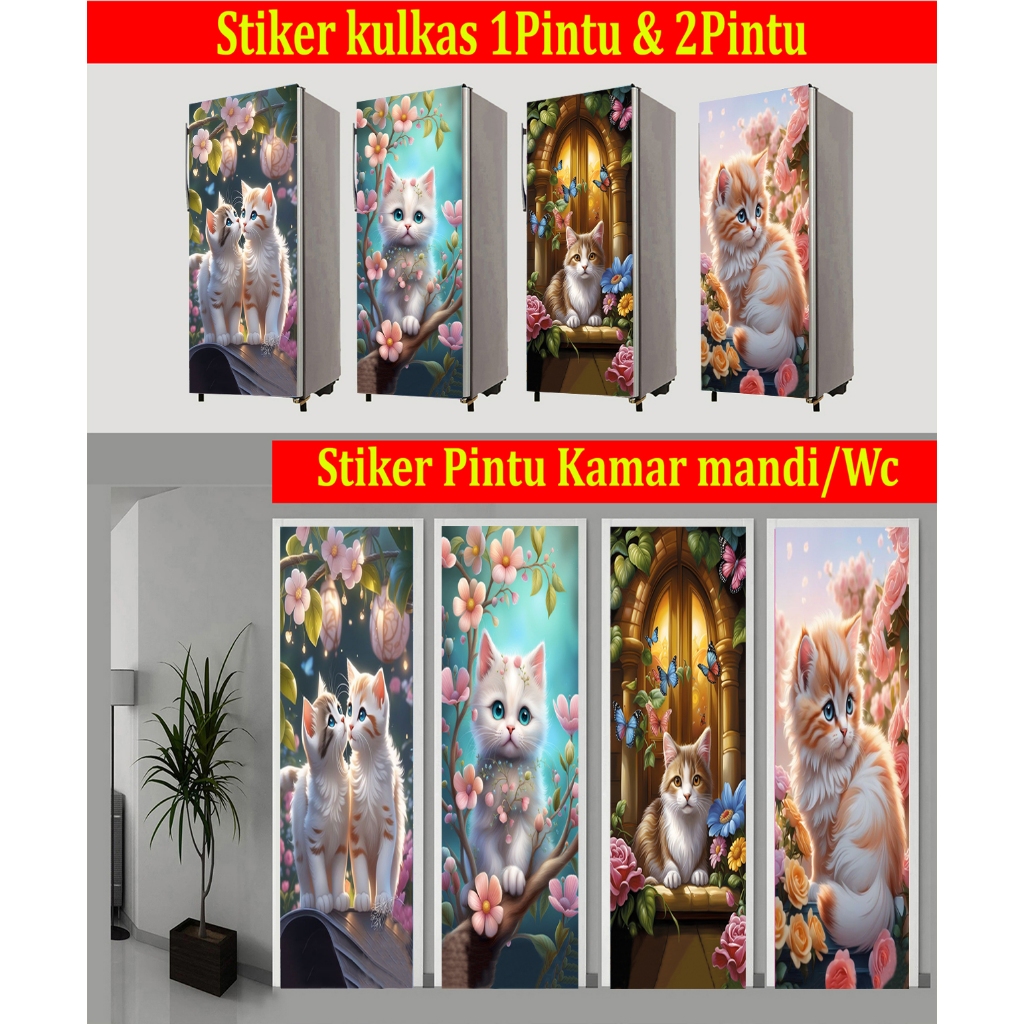 STIKER KULKAS 1PINTU & 2PINTU, STIKER PINTU WC MOTIF KUCING